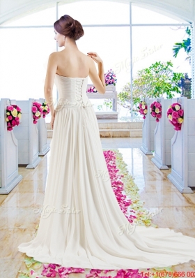 Modest Brush Train Wedding Dresses with Belt and Appliques