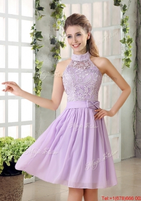 High Neck Lilac A Line Lace Prom Dress Chiffon for 2015