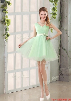 2016 Summer Popular Ruching Organza A Line Mini Length Dama Dresses with Lace Up