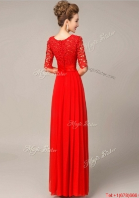 2016 Fashionable Scoop Laced Red Prom Dresses with Half Sleeves