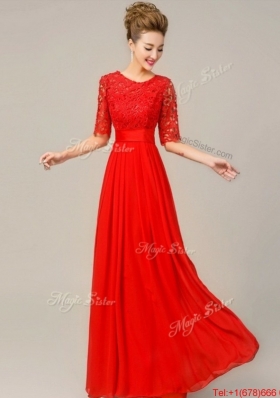 2016 Fashionable Scoop Laced Red Prom Dresses with Half Sleeves