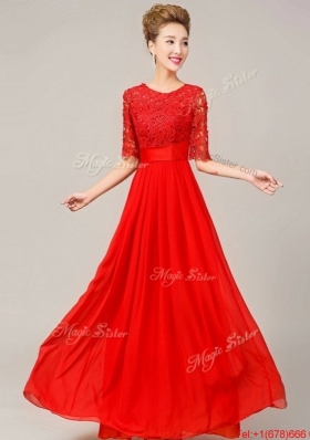 2016 Fashionable Scoop Laced Red Prom Dresses with Half Sleeves