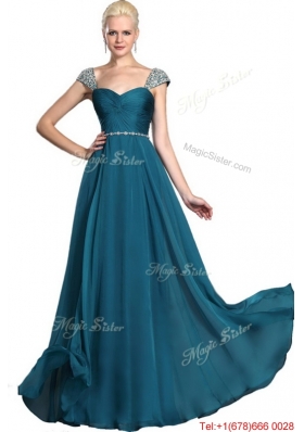 2016 Gorgeous Beaded Teal Cap Sleeves Prom Dresses with Straps