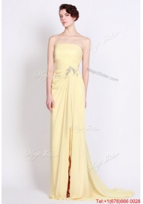 Beautiful Strapless Beaded and High Slit Prom Dresses in Yellow