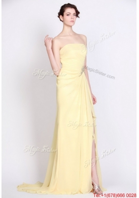 Beautiful Strapless Beaded and High Slit Prom Dresses in Yellow