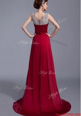 Cheap Brush Train Scoop Zipper Up Prom Dresses in Wine Red