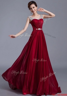 Cheap Brush Train Scoop Zipper Up Prom Dresses in Wine Red