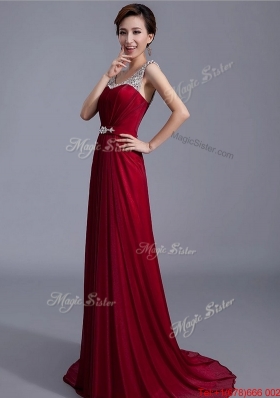 Cheap Brush Train Scoop Zipper Up Prom Dresses in Wine Red