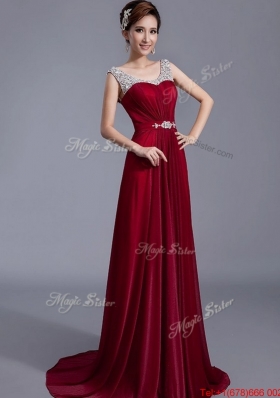 Cheap Brush Train Scoop Zipper Up Prom Dresses in Wine Red