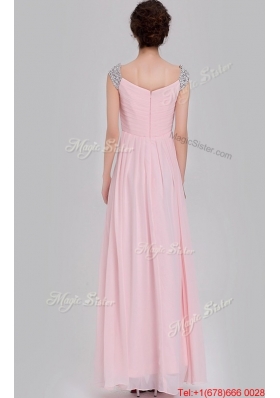 Elegant Empire Off The Shoulder Cap Sleeves Pink Prom Dresses with Beading