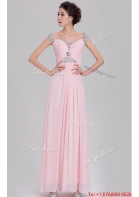 Elegant Empire Off The Shoulder Cap Sleeves Pink Prom Dresses with Beading