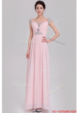 Elegant Empire Off The Shoulder Cap Sleeves Pink Prom Dresses with Beading