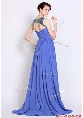 Pretty Bateau Zipper Up Blue Prom Dresses with Brush Train