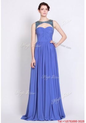 Pretty Bateau Zipper Up Blue Prom Dresses with Brush Train