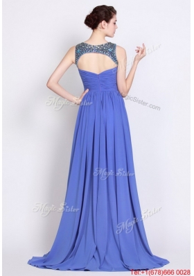 Pretty Bateau Zipper Up Blue Prom Dresses with Brush Train