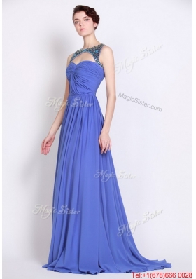 Pretty Bateau Zipper Up Blue Prom Dresses with Brush Train