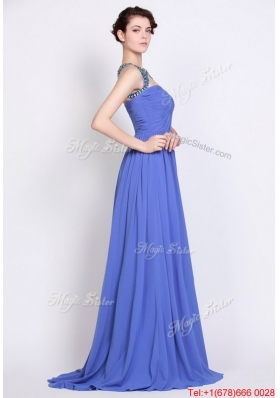 Pretty Bateau Zipper Up Blue Prom Dresses with Brush Train