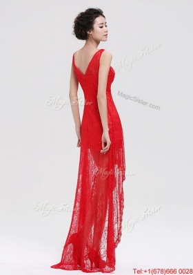 Pretty V Neck Laced and Beaded Red Prom Dresses with High Low