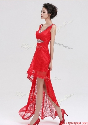 Pretty V Neck Laced and Beaded Red Prom Dresses with High Low