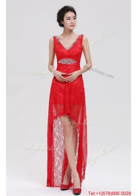 Pretty V Neck Laced and Beaded Red Prom Dresses with High Low