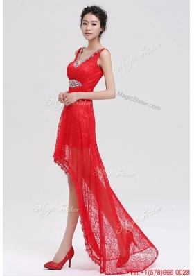 Pretty V Neck Laced and Beaded Red Prom Dresses with High Low