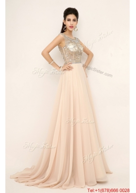 2016 Beautiful Beaded Bateau Prom Dresses with Brush Train