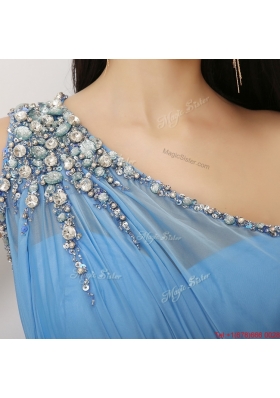 2016 Discount Beaded Baby Blue Prom Dresses with One Shoulder