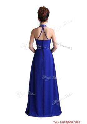 2016 Luxurious Empire Halter Top Prom Dresses with Beading in Royal Blue