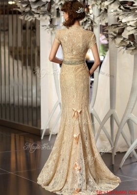 2016 New Style Column V Neck Lace Prom Dresses with Brush Train