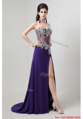 Beautiful Brush Train Prom Dresses with Beading and High Slit