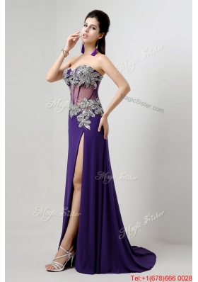 Beautiful Brush Train Prom Dresses with Beading and High Slit