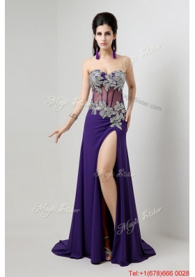 Beautiful Brush Train Prom Dresses with Beading and High Slit