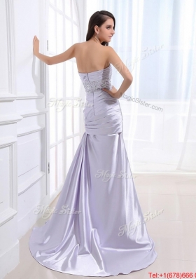 Beautiful Column Elastic Woven Satin Prom Dresses with Beading