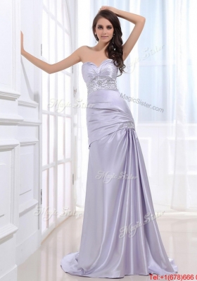 Beautiful Column Elastic Woven Satin Prom Dresses with Beading