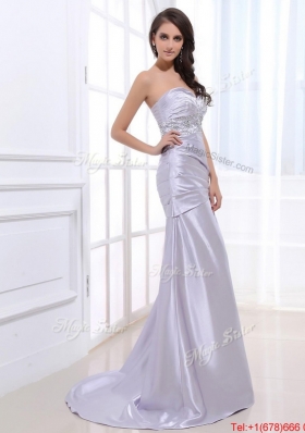 Beautiful Column Elastic Woven Satin Prom Dresses with Beading