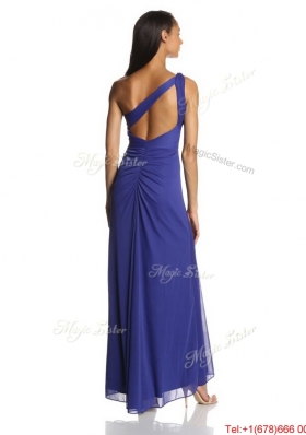 Beautiful Empire One Shoulder Ankle Length Chiffon Prom Dresses in Blue