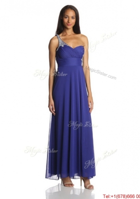 Beautiful Empire One Shoulder Ankle Length Chiffon Prom Dresses in Blue