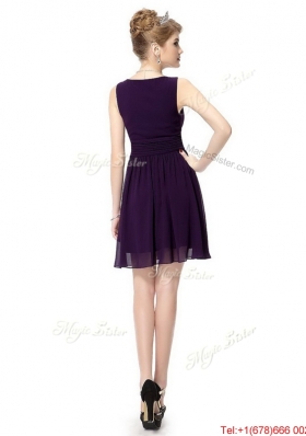 Beautiful V Neck Dark Purple Prom Dresses with Ruching