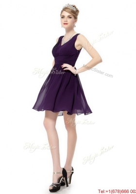 Beautiful V Neck Dark Purple Prom Dresses with Ruching