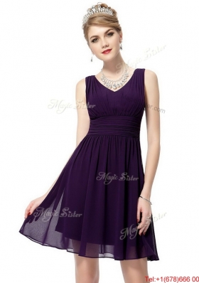 Beautiful V Neck Dark Purple Prom Dresses with Ruching