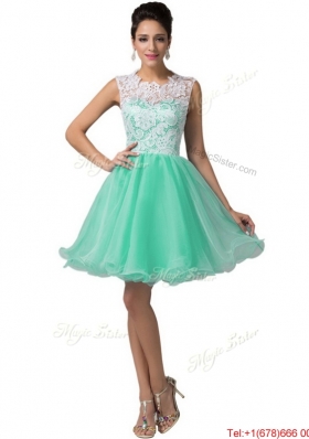 Elegant Laced Scoop A Line Prom Dresses in Apple Green for 2016