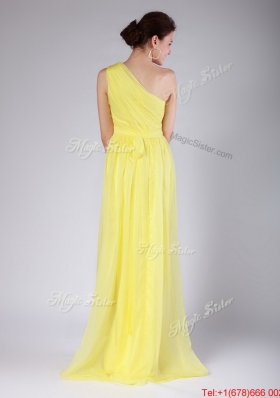 Elegant One Shoulder Sashes Yellow Prom Dresses with Sweep Train for 2016