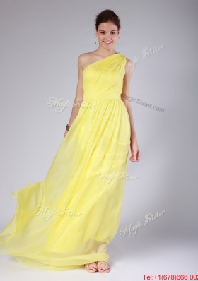 Elegant One Shoulder Sashes Yellow Prom Dresses with Sweep Train for 2016