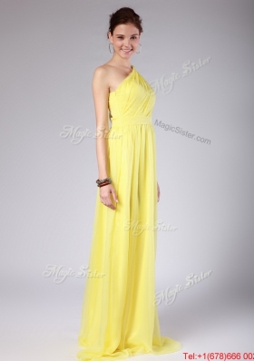 Elegant One Shoulder Sashes Yellow Prom Dresses with Sweep Train for 2016