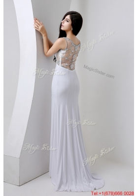 Gorgeous Beaded Brush Train Prom Dresses with High Slit