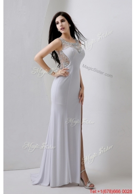 Gorgeous Beaded Brush Train Prom Dresses with High Slit