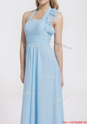 Gorgeous Halter Top Ruffles and Belt Baby Blue Prom Dresses for 2016