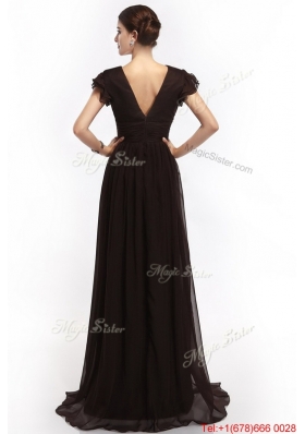 Hot Sale V Neck Ruching Empire Brush Train Prom Dresses in Black