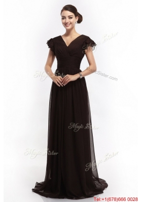 Hot Sale V Neck Ruching Empire Brush Train Prom Dresses in Black