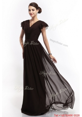 Hot Sale V Neck Ruching Empire Brush Train Prom Dresses in Black